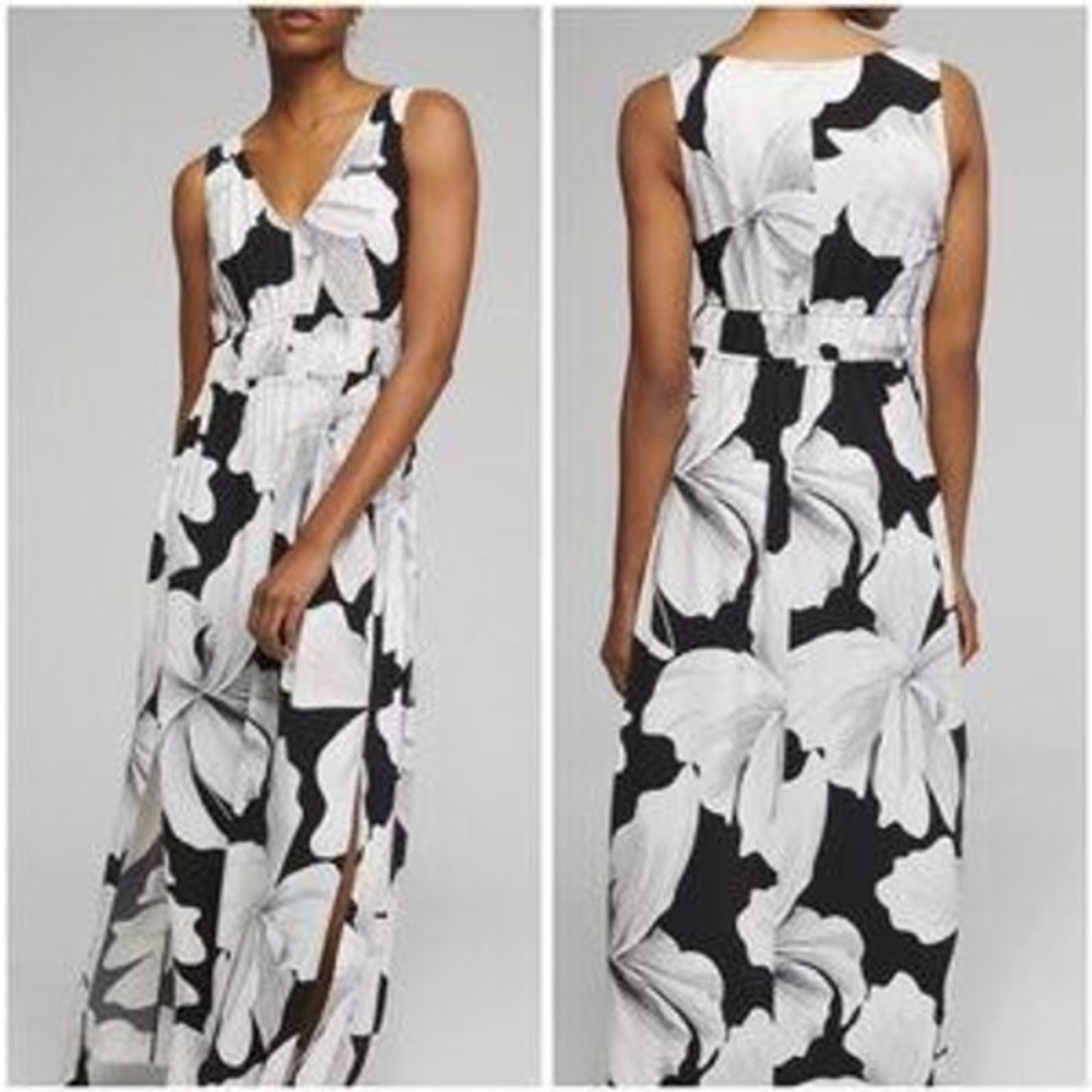 WHBM Black White Floral Empire Waist Maxi Dress Sleeveless Side Slit Medium